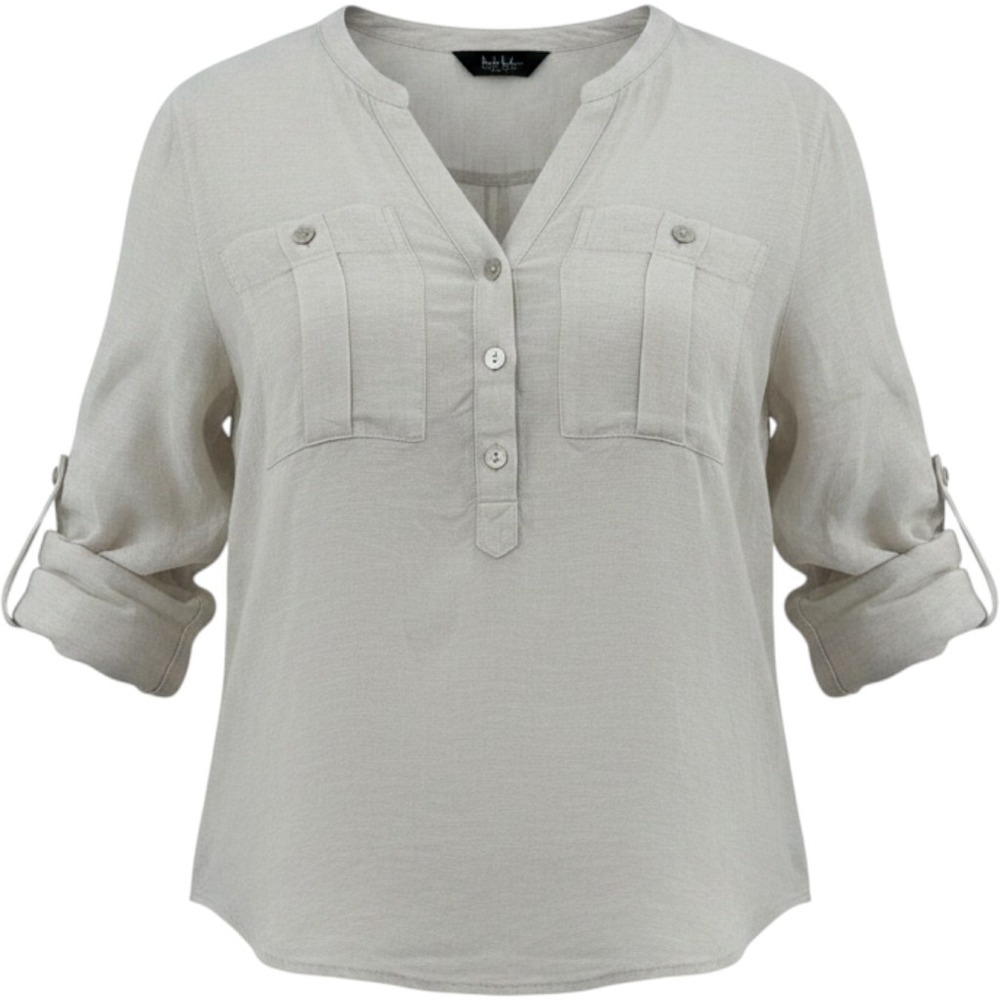 Nicole Miller Women S 100% Linen Roll Tab Button Up Blouse Beige Coastal Beach